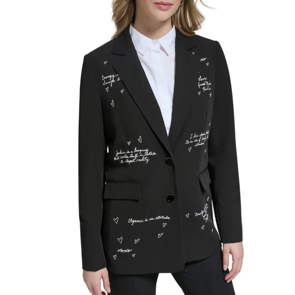 KARL LAGERFELD PARIS Women's Script-Print Notch-Lapel Black/White Blazer Size: 2